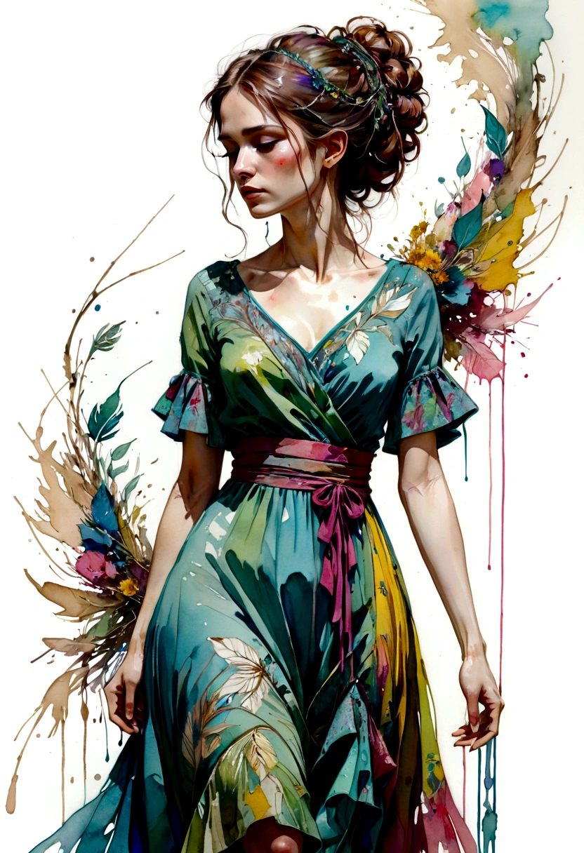 a painting of a woman in a colorful dress, a gouache by Carne Griffiths, pinterest, figurative art, mixed media, watercolor, feminine