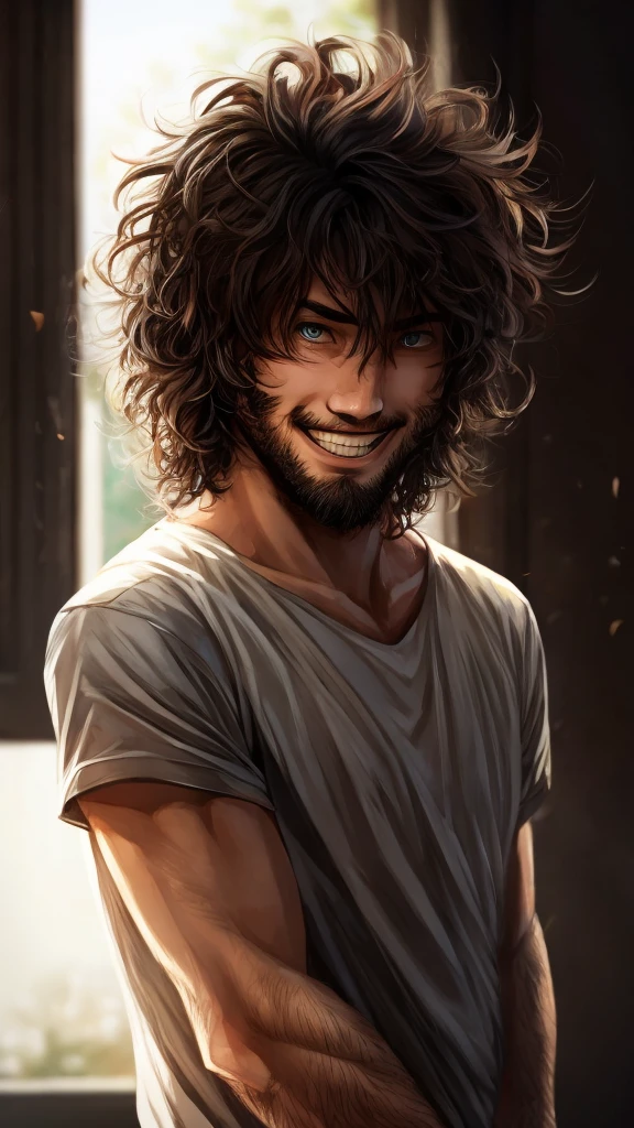 A man with messy hair. smiling evilly. Being a psychopath.
