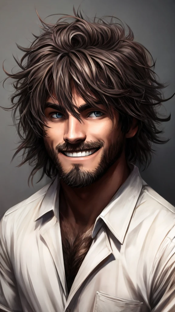 A man with messy hair. smiling evilly. Being a psychopath.