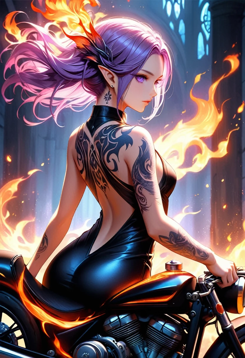 Arafed, Dark fantasy art, fantasy art, goth art, a picture of a (motorcycle tattoo: 1.3) on the back of a female elf, a glowing tattoo of a ((motorcycle: 1.3)) on the elf's back, the ((motorcycle tattoo)) is vivid, intricate detailed coming to life from the ink to real life, GlowingRunesAI_purple, ((fire surrounds the motorcycle: 1.5)), shot taken from the back, ((the back is visible: 1.3), she wears a transparent black dress, the dress is elegant, flowing, elven style, that the tattoos glow, dynamic hair color, dynamic hair style, faize,, Digital Painting