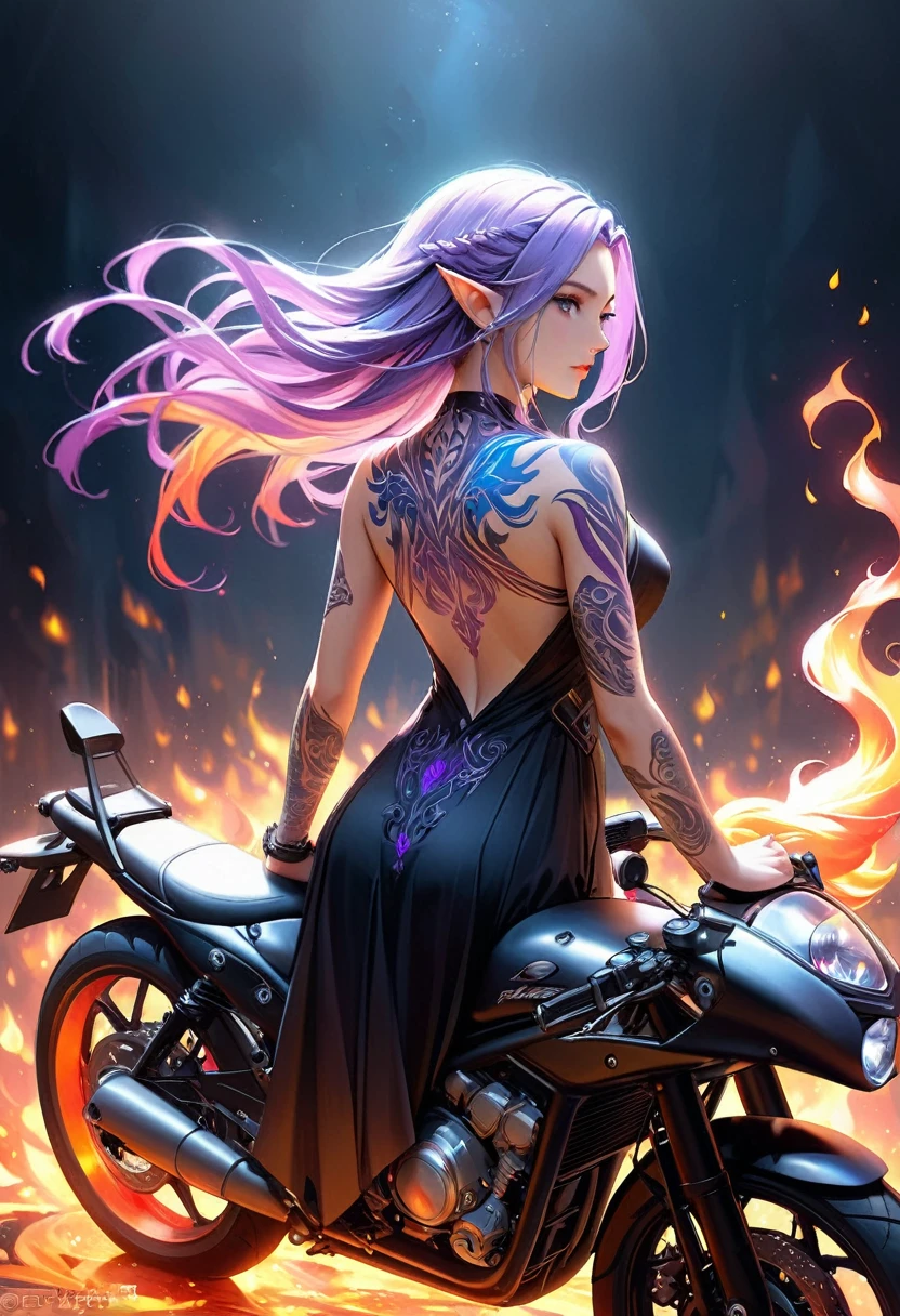 Arafed, Dark fantasy art, fantasy art, goth art, a picture of a (motorcycle tattoo: 1.3) on the back of a female elf, a glowing tattoo of a ((motorcycle: 1.3)) on the elf's back, the ((motorcycle tattoo)) is vivid, intricate detailed coming to life from the ink to real life, GlowingRunesAI_purple, ((fire surrounds the motorcycle: 1.5)), shot taken from the back, ((the back is visible: 1.3), she wears a transparent black dress, the dress is elegant, flowing, elven style, that the tattoos glow, dynamic hair color, dynamic hair style, faize,, Digital Painting