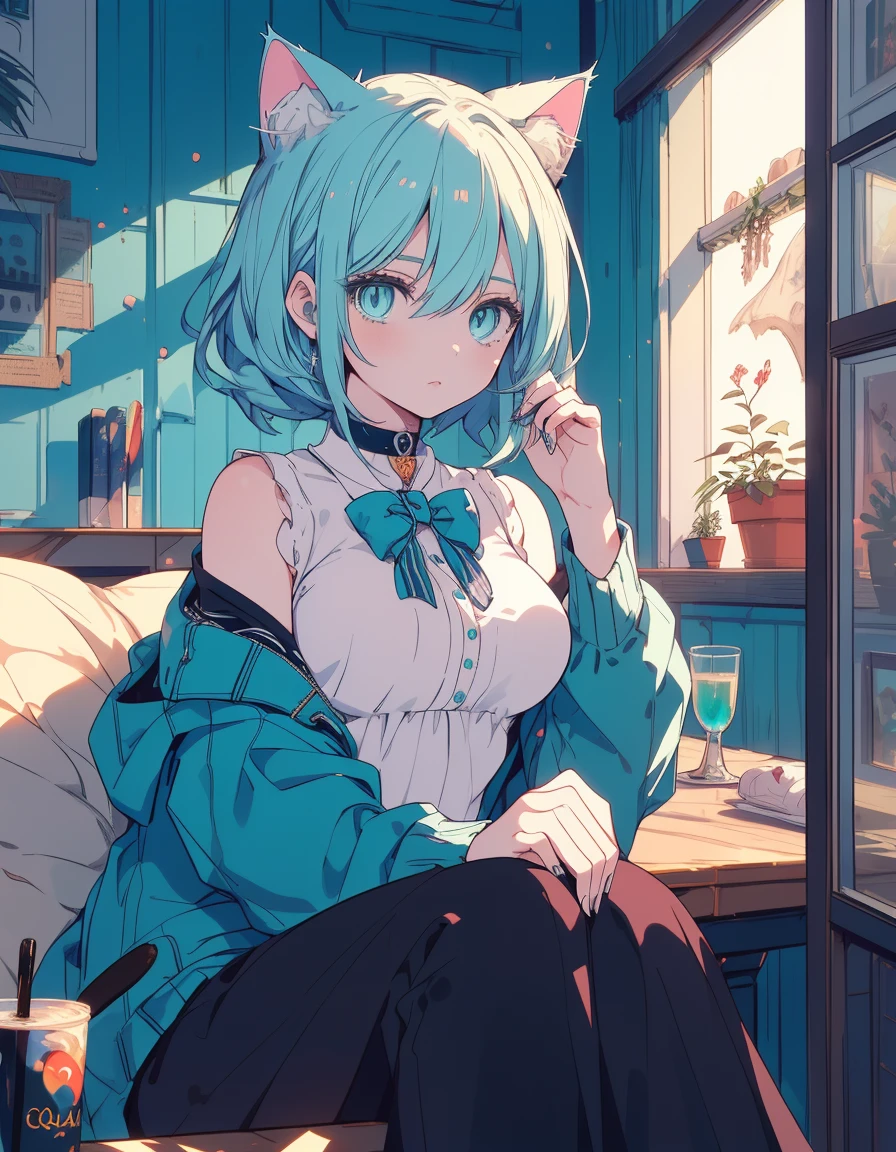 Looking around cautiously, leaning on wall, alternative fashion, ((masterpiece, best quality:1.5)), ((Beautiful detailed cat aqua eyes:1.2)), cat ears, pale skin, medium breasts, beautiful hands, beautiful fingers, EasyNegative