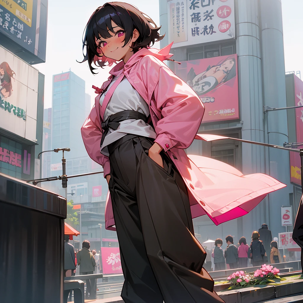 1female, sexy, young teen, tan skin, finely detailed pink eyes, wild medium hair, black hair color, long sleeve , baggy pants, standing on building, day time, tokyo streets, happy expression, flowers, blushing