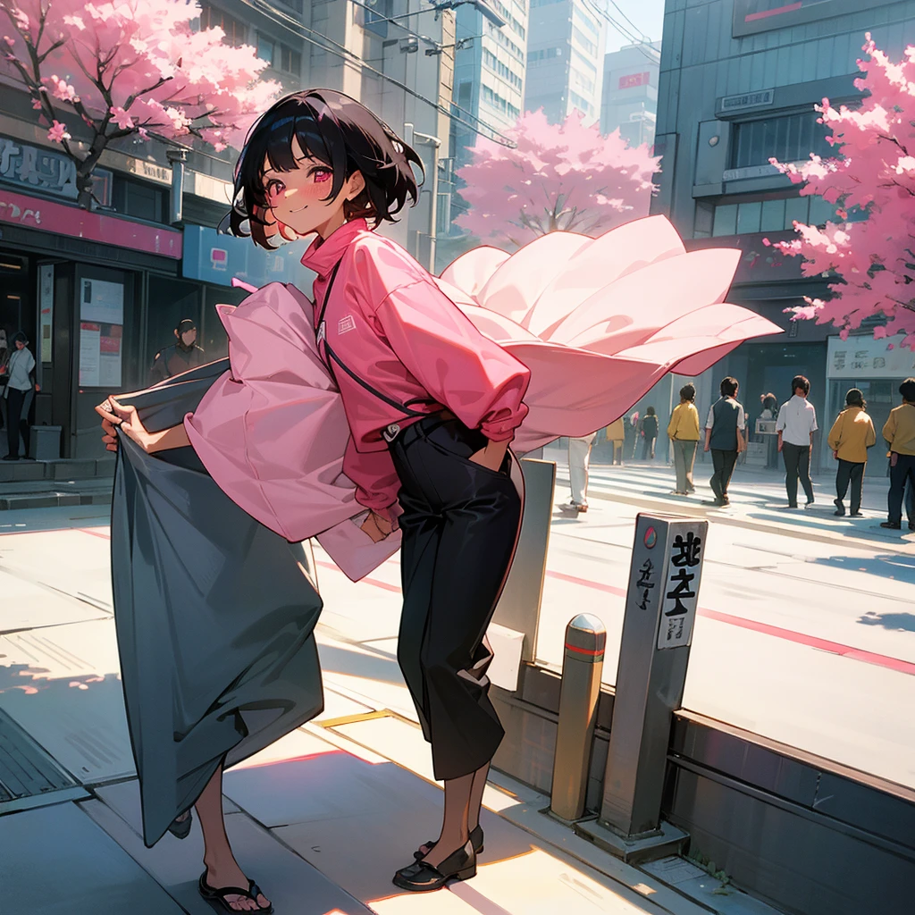 1female, sexy, young teen, tan skin, finely detailed pink eyes, wild medium hair, black hair color, long sleeve , baggy pants, standing on building, day time, tokyo streets, happy expression, flowers, blushing