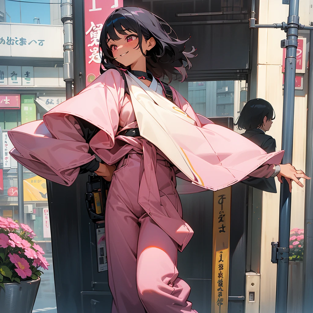 1female, sexy, young teen, tan skin, finely detailed pink eyes, wild medium hair, black hair color, long sleeve , baggy pants, standing on building, day time, tokyo streets, happy expression, flowers, blushing