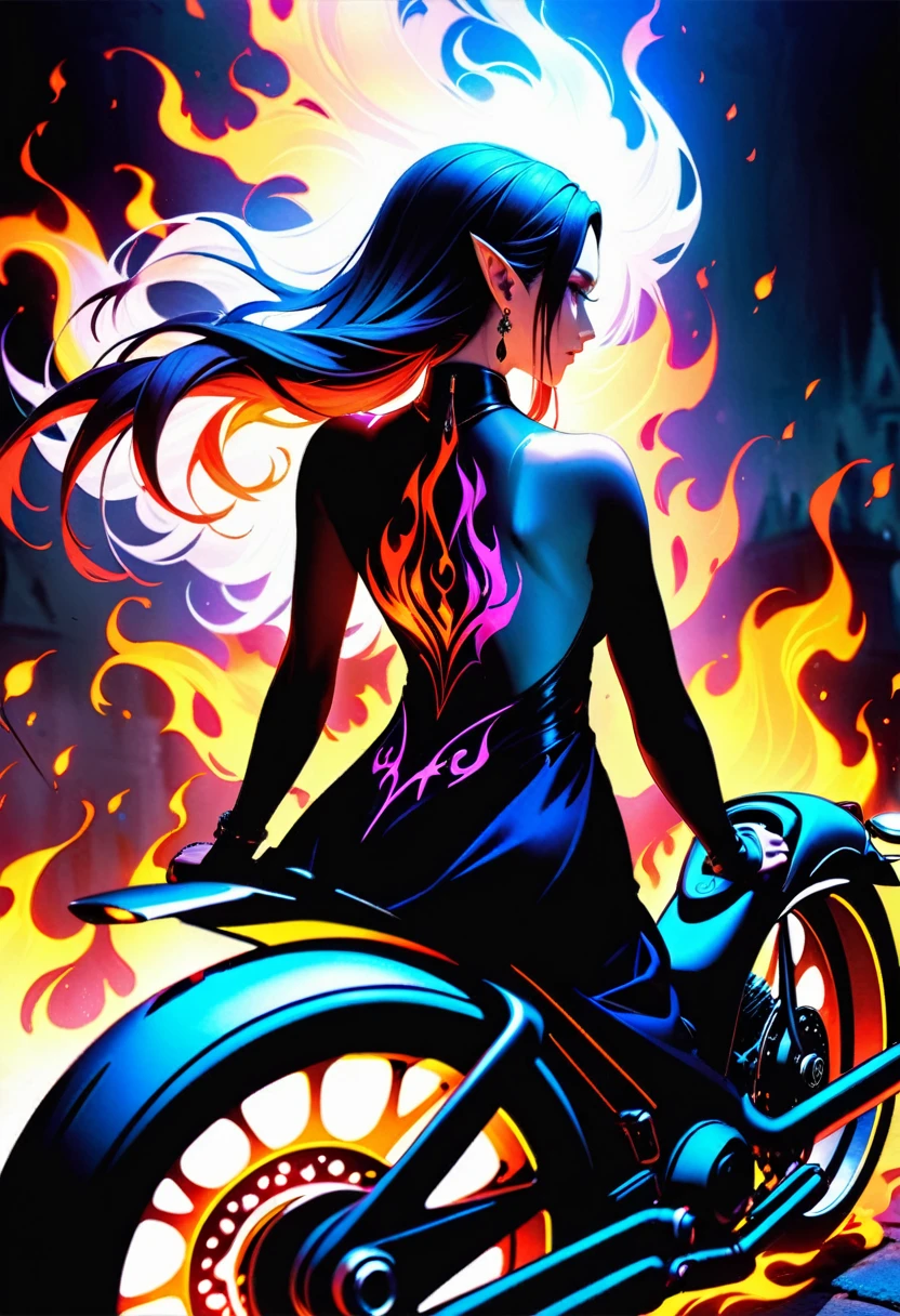 Arafed, Dark fantasy art, fantasy art, goth art, a picture of a (motorcycle tattoo: 1.3) on the back of a female elf, a glowing tattoo of a ((motorcycle: 1.3)) on the elf's back, the ((motorcycle tattoo)) is vivid, intricate detailed coming to life from the ink to real life, GlowingRunesAI_purple, ((fire surrounds the motorcycle: 1.5)), shot taken from the back, ((the back is visible: 1.3), she wears a transparent black dress, the dress is elegant, flowing, elven style, that the tattoos glow, dynamic hair color, dynamic hair style, faize,, Digital Painting