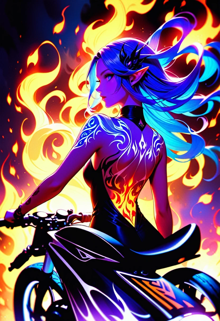 Arafed, Dark fantasy art, fantasy art, goth art, a picture of a (motorcycle tattoo: 1.3) on the back of a female elf, a glowing tattoo of a ((motorcycle: 1.3)) on the elf's back, the ((motorcycle tattoo)) is vivid, intricate detailed coming to life from the ink to real life, GlowingRunesAI_purple, ((fire surrounds the motorcycle: 1.5)), shot taken from the back, ((the back is visible: 1.3), she wears a transparent black dress, the dress is elegant, flowing, elven style, that the tattoos glow, dynamic hair color, dynamic hair style, faize,, Digital Painting