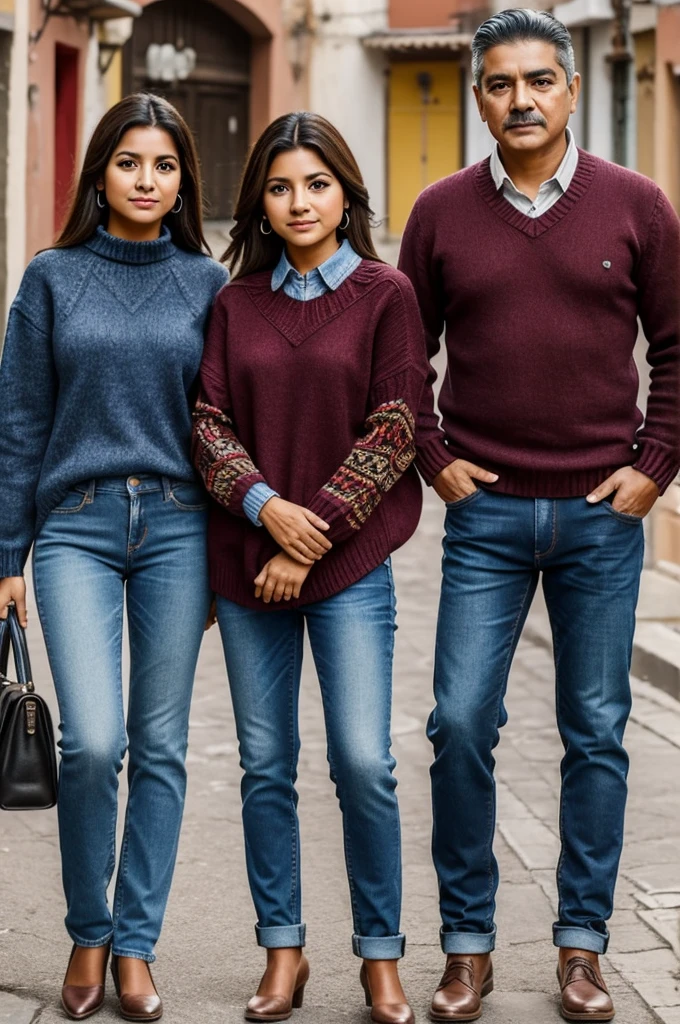 Hello, Help me create an image of Mexican people of different ages and with different dressing styles with jeans and sweaters. 