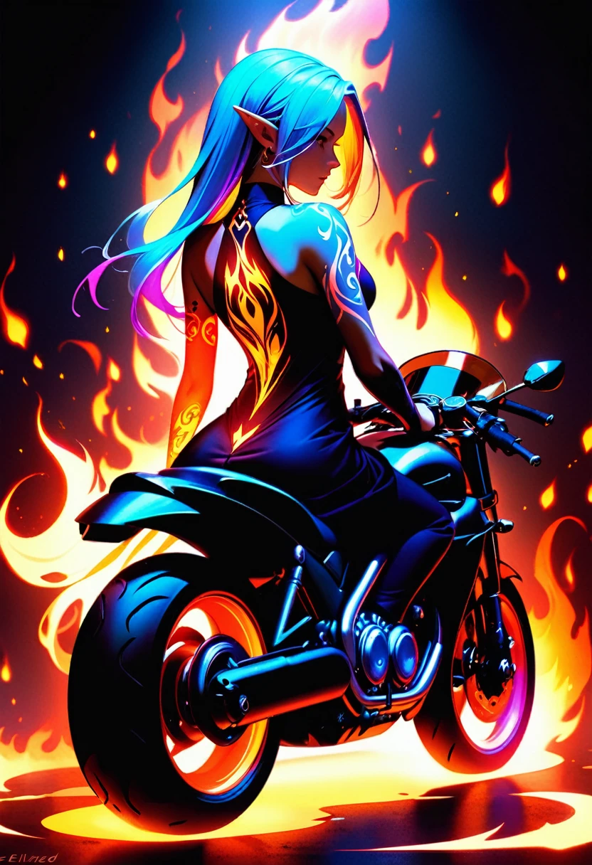 Arafed, Dark fantasy art, fantasy art, goth art, a picture of a motorcycle tattoo on the back of a female elf, a glowing tattoo of a ((motorcycle: 1.3)) on the elf's back, the ((motorcycle tattoo)) is vivid, intricate detailed coming to life from the ink to real life, GlowingRunesAI_purple, ((fire surrounds the motorcycle: 1.5)), shot taken from the back, ((the back is visible: 1.3), she wears a transparent black dress, the dress is elegant, flowing, elven style, that the tattoos glow, dynamic hair color, dynamic hair style, faize,, Digital Painting