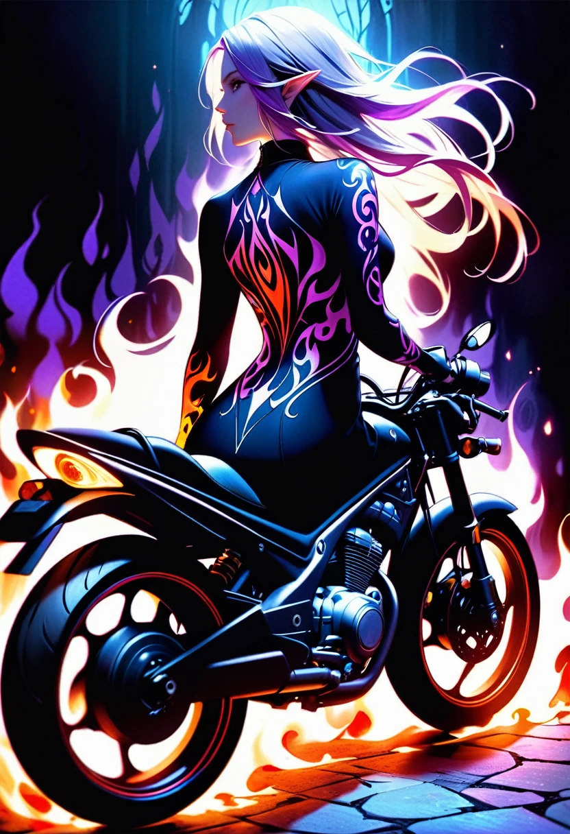 Arafed, Dark fantasy art, fantasy art, goth art, a picture of a motorcycle tattoo on the back of a female elf, a glowing tattoo of a ((motorcycle: 1.3)) on the elf's back, the ((motorcycle tattoo)) is vivid, intricate detailed coming to life from the ink to real life, GlowingRunesAI_purple, ((fire surrounds the motorcycle: 1.5)), shot taken from the back, ((the back is visible: 1.3), she wears a transparent black dress, the dress is elegant, flowing, elven style, that the tattoos glow, dynamic hair color, dynamic hair style, faize,, Digital Painting