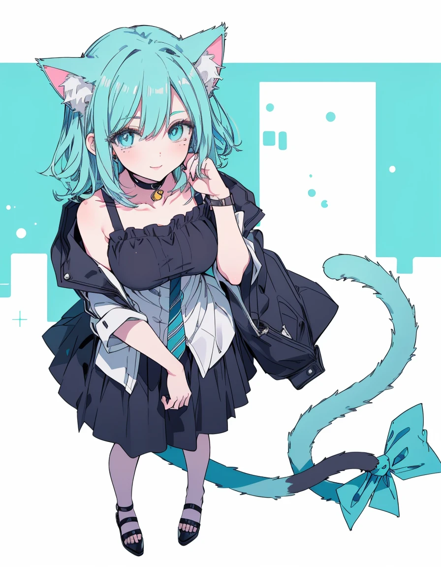 furrowed brow, mole under eye, light smile, full body, ((masterpiece, best quality:1.5)), ((Beautiful detailed cat aqua eyes:1.2)), cat ears, pale skin, medium breasts, beautiful hands, beautiful fingers, EasyNegative