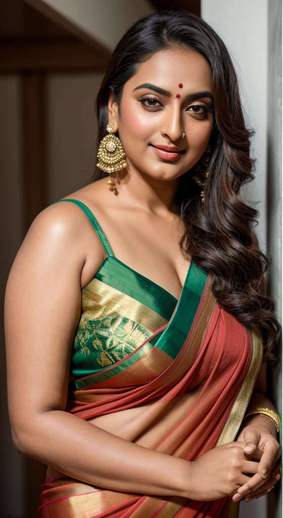 Foto RAW, photorealistic, photography, full body shot, master shot, perfect eyes, goddess like beauty, pierced eyes, perfect thick chubby mallu Desi aunty bhabhi, Wearing a Stanapatta, a chest-band.Saree model, model Photography, Indian saree shoot, Indian traditional wear advertising photography, traditional wear brand shoot, face of Indian actress Sonakshi Sinha, masterpiece, realistic, realism, incredible details, pleasure, photorealism, detailed skin, skin pores, high contrast, photorealistic Artstation 8k HD digital art trend of high definition and detailed realistic skin texture, ultra detail, realistic skin texture, armature, best quality, ultra high definition, (photorealistic:1.4),, high resolution, detail, raw photo, sweat, Re sharp, by Lee Jefferies Nikon D850 Film Stock Photo 4 Kodak Portra 400 Camera F1.6 Lens Rich Color Ultra Real Realistic Realistic Textures Dramatic Lighting Unreal Engine Trending at Art Station Cinestill 800,(pele altamente detalhada: 1.2), 8k UHD, DSLR, soft-lighting, alta qualidade, grain of film, Fujifilm XT3,she didn't like to wear blouse or bra, she is happy to wear only saree, she hates blouse or bra, detailed hairy armpits, hyper realistic skin, skin pores, sweat, veins,