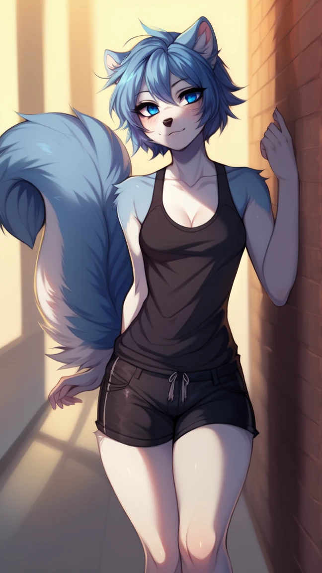 Solo:1.3, by fumiko, by hyattlen, by claweddrip, a anthro furry squirrel girl, blue furry body, short blue hair, blue fluffy squirrel ears, cute snout, black nose, blue eyes, wearing black shorts, black tank top, barefoot, 4 toes, no background, no tail, back against a wall, front view, standing