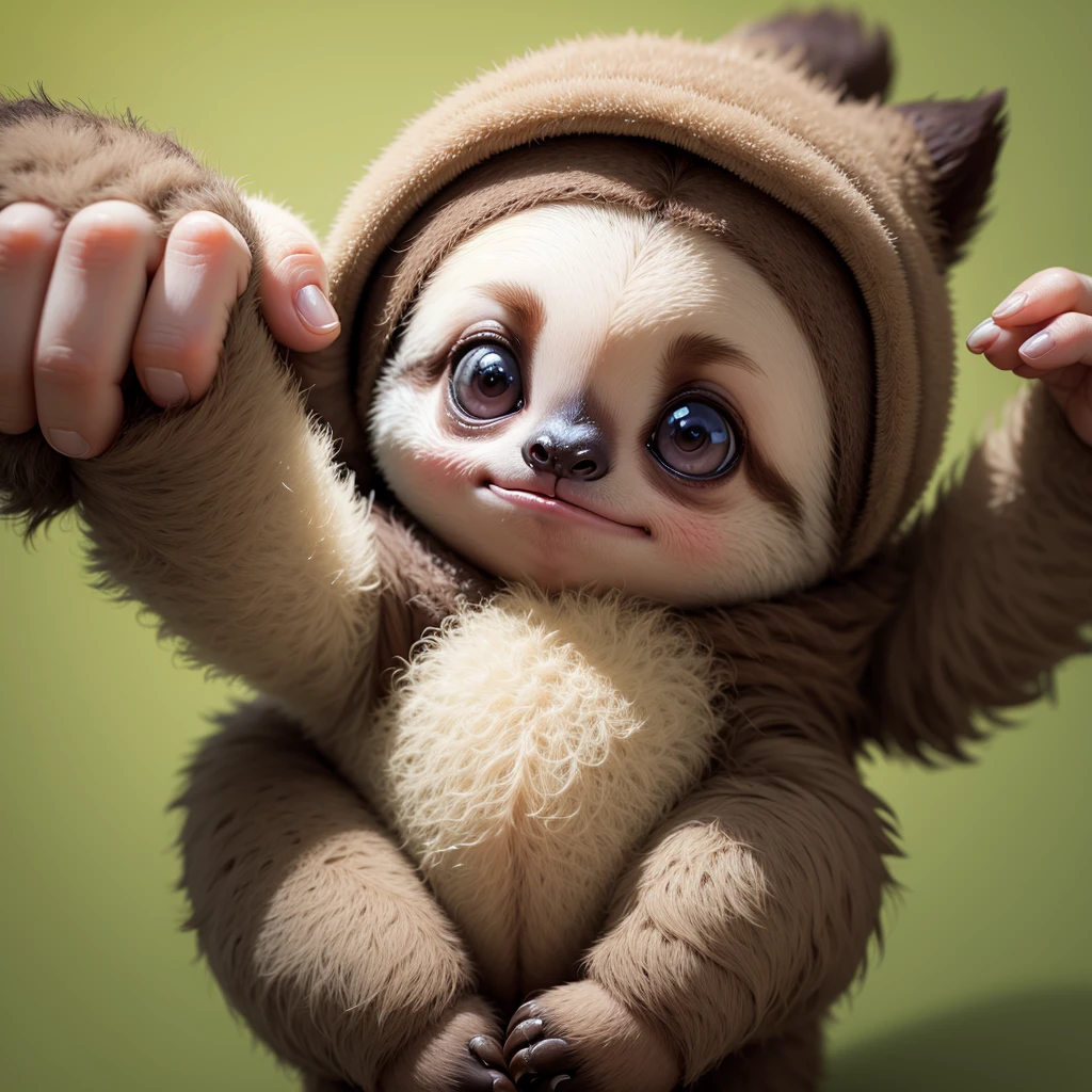cute baby sloth hanging a human finger, close up, vibrant, single index finger