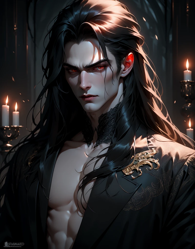 {anatomy}(Masterpiece - Ultra-detailed, very high resolution) Prepare to be enchanted by a true masterpiece that combines ultra-detailed art with high-resolution rendering. This work portrays a vampire man with long black hair (1.3) and captivating golden eyes (1.2), emanating an aura of mystery in decadent settings. The intricate details and realistic textures invite you to explore every aspect of this enchanting composition. Vampire man wearing black. Serious expressions. Pale skin like a vampire.
