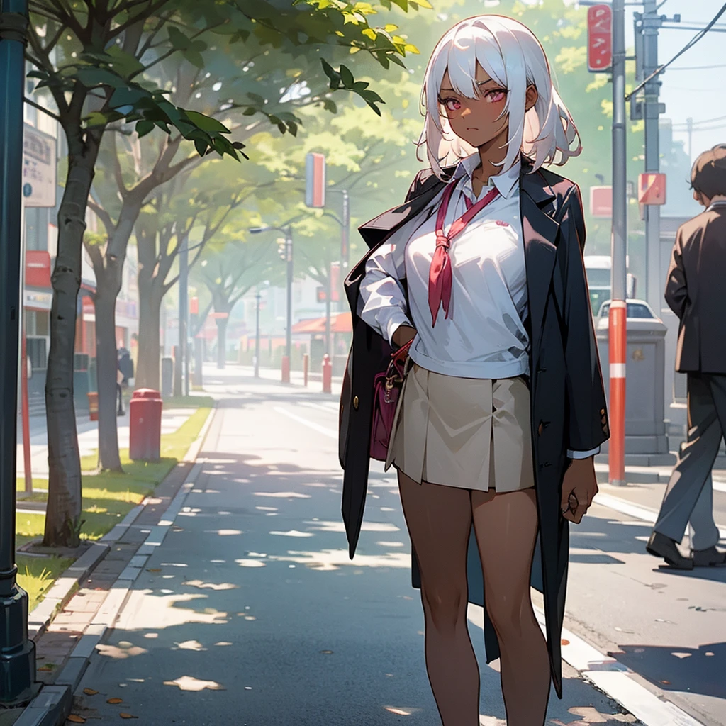 1female, sexy, young adult, dark skin, finely detailed plum eyes, wild medium hair, seashell white hair color, , short skirt, standing on street, day time, tokyo streets, somber expression, flowers