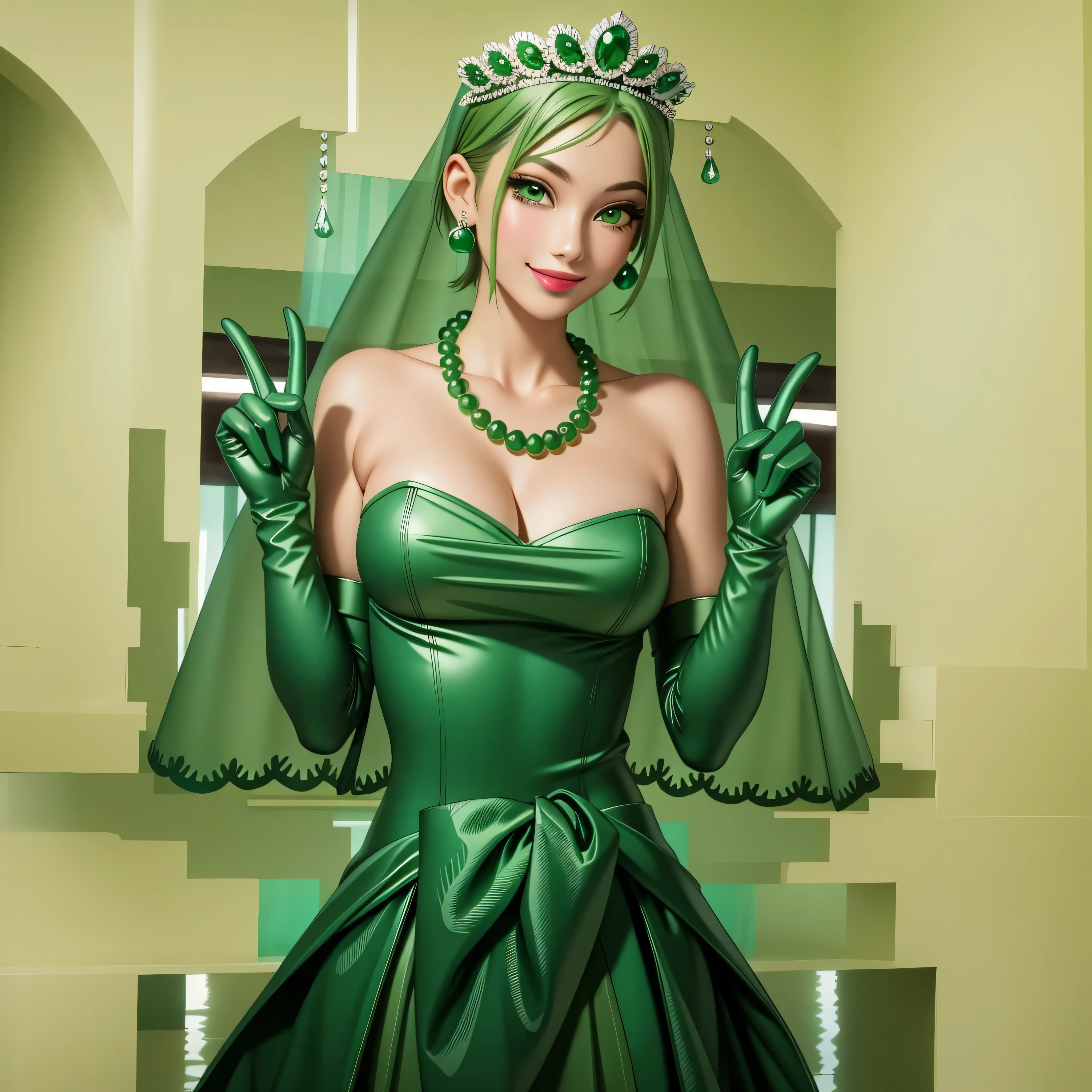 emerald tiara, Green Pearl Necklace, Boyish very short green hair, Green Lips, Smiling Japanese woman, Very short hair, Busty beautiful lady, Green Eyes, Green satin long gloves, Green Eyes, Emerald Earrings, Green veil, Vsain, Green Hair, Beautiful Japanese Women, green lip gloss