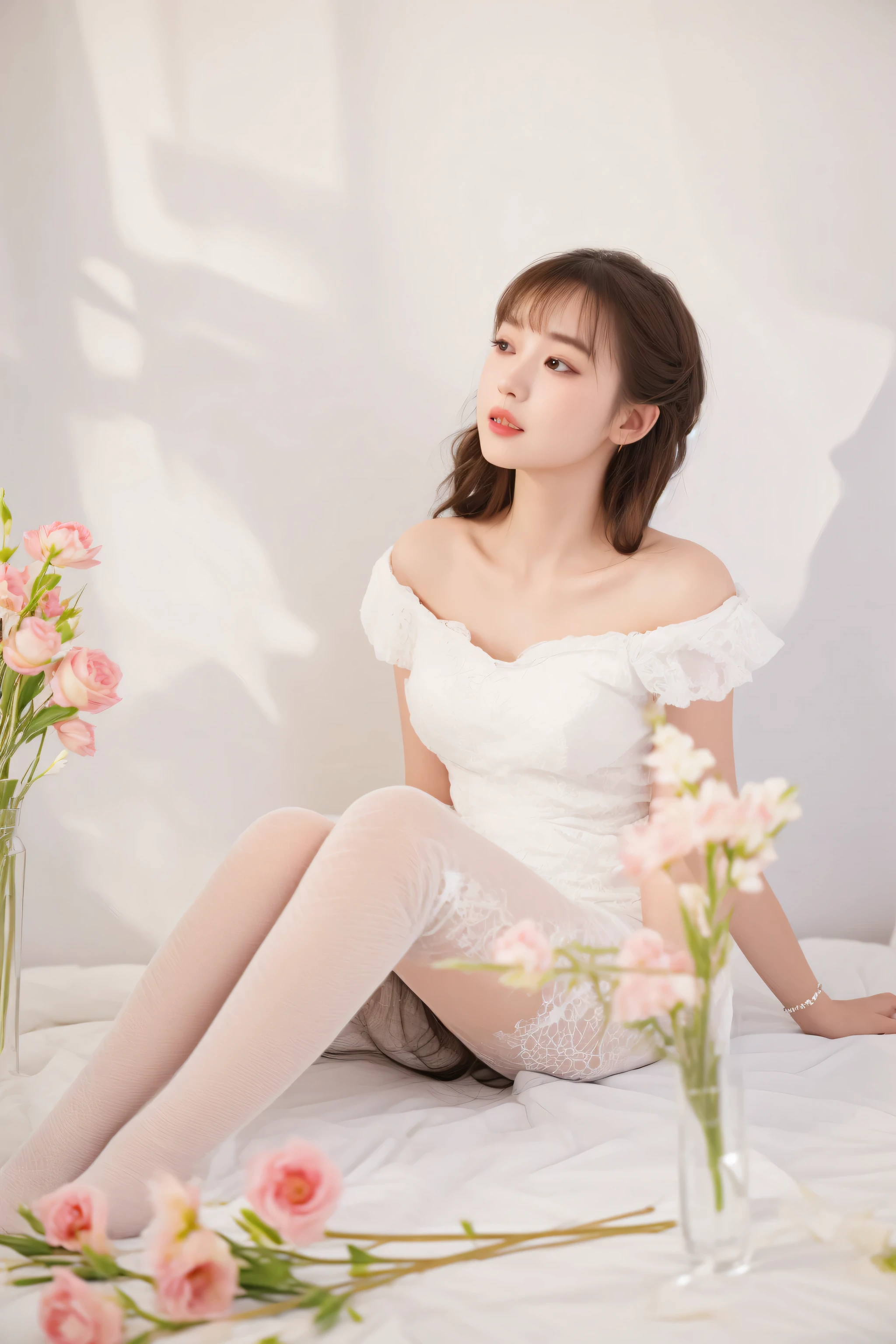 there is a woman sitting on a bed with flowers in the background, in white clothes,  in dress, a beautiful woman in white, in white room, wearing a cute white dress, with flowers, chiho, milky white skin, sitting with flowers, a cute young woman, a stunning young ethereal figure, cute elegant pose, ethereal and dreamy