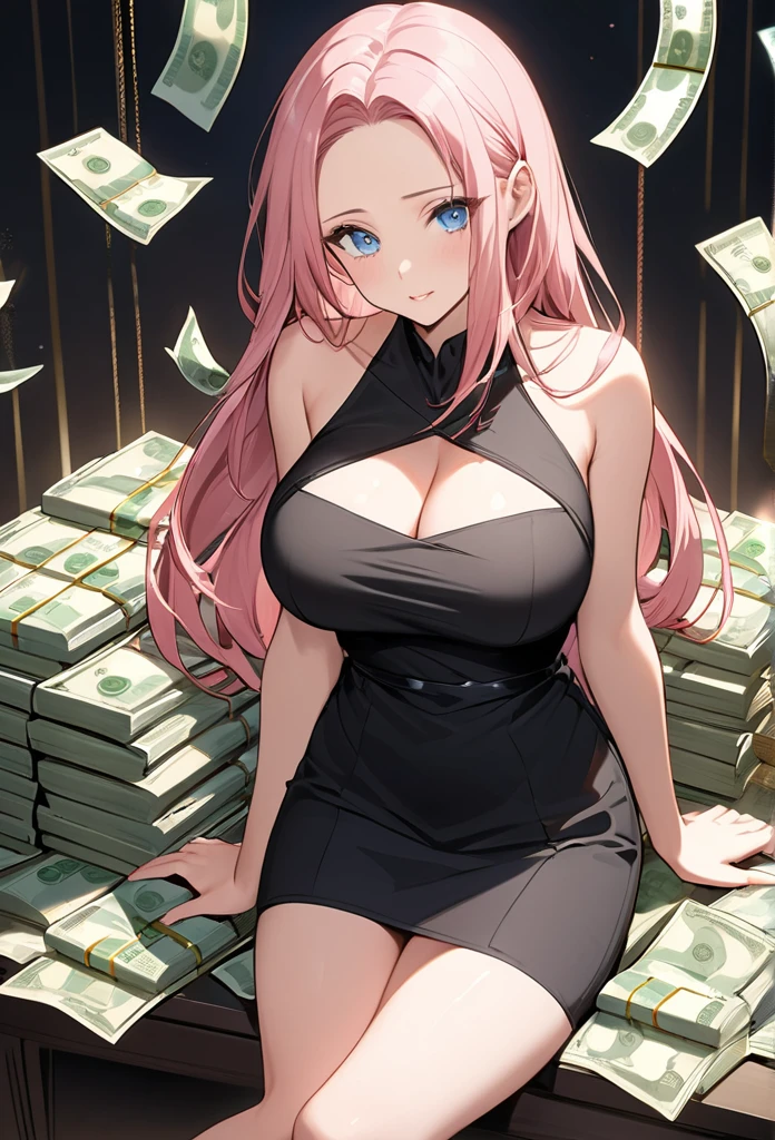 woman, pink hair, long hair, open forehead, no bangs, blue eyes, big breasts, black dress, short dress, elegant dress, sitting on a table, bundles of money, a lot of money