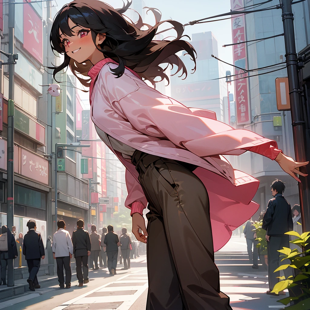 1female, sexy, young , tan skin, finely detailed pink eyes, wild medium hair, black hair color, long sleeve , baggy pants, standing on building, day time, tokyo streets, happy expression, flowers, blushing