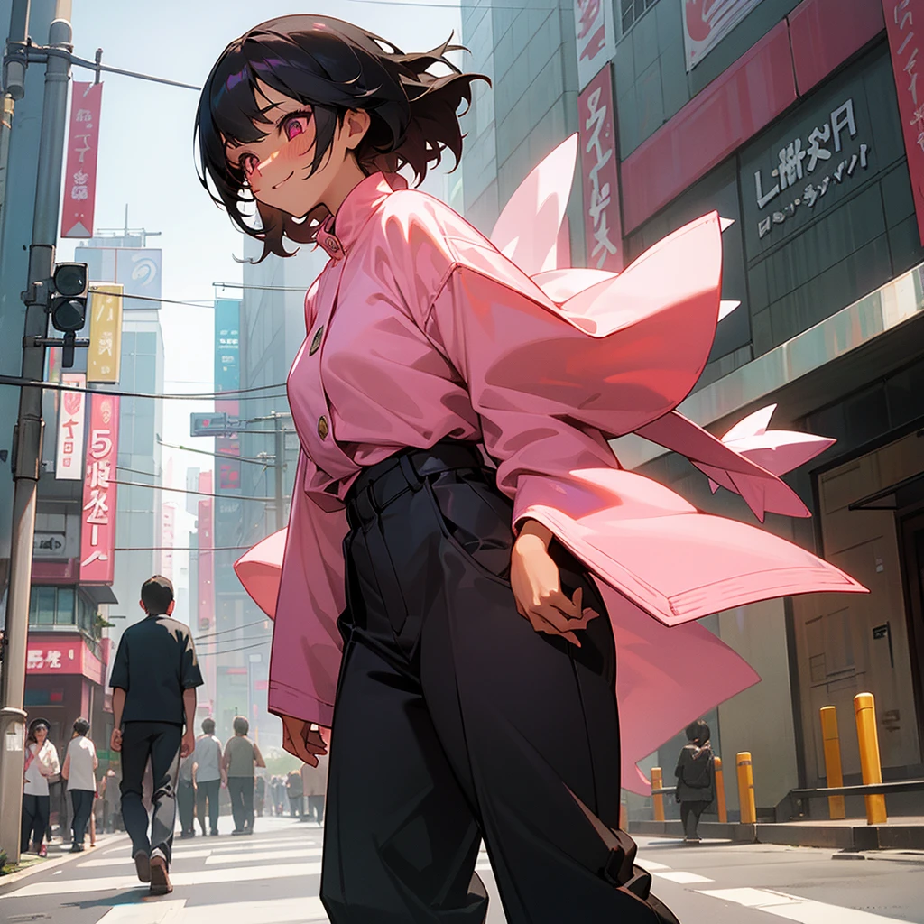 1female, sexy, young teen, tan skin, finely detailed pink eyes, wild medium hair, black hair color, long sleeve , baggy pants, standing on building, day time, tokyo streets, happy expression, flowers, blushing