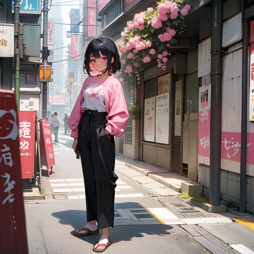 1female, sexy, young teen, tan skin, finely detailed pink eyes, wild medium hair, black hair color, long sleeve , baggy pants, standing on building, day time, tokyo streets, happy expression, flowers, blushing