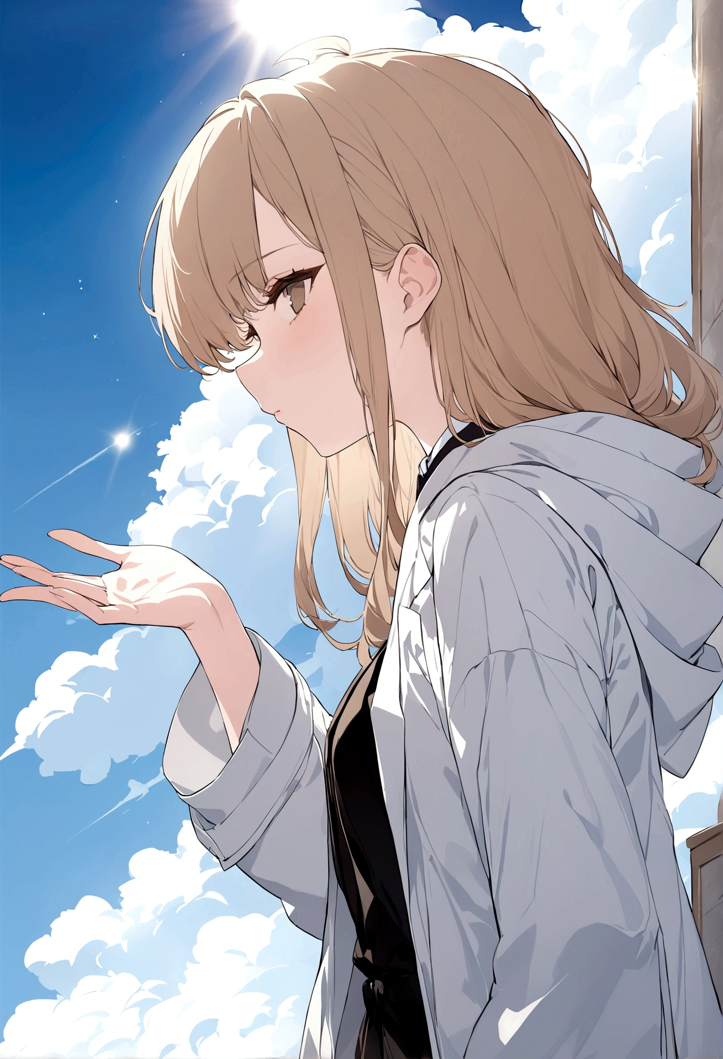 (masterpiece, 32k, 8k) a  girl, (looking at the sky with her hand stretched high), (profile angle), overcoat, hood over her head, light brown hair, light brown eyes, (face beautiful and heavenly), sunny sky, sunlight effect on the character