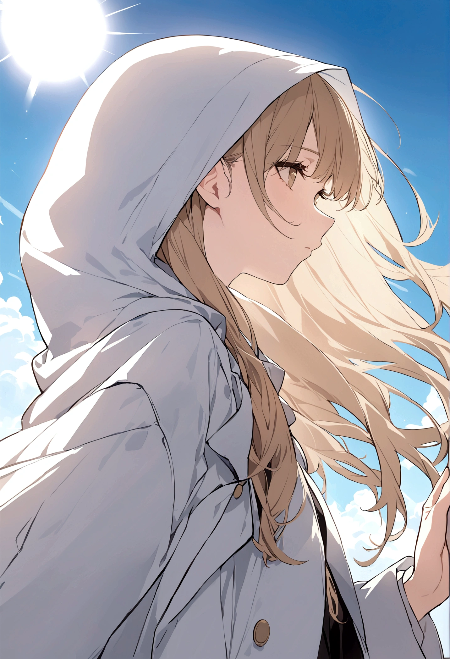 (masterpiece, 32k, 8k) a 17 year old girl, (looking at the sky with her hand stretched high), (profile angle), overcoat, hood over her head, light brown hair, light brown eyes, (face beautiful and heavenly), sunny sky, sunlight effect on the character