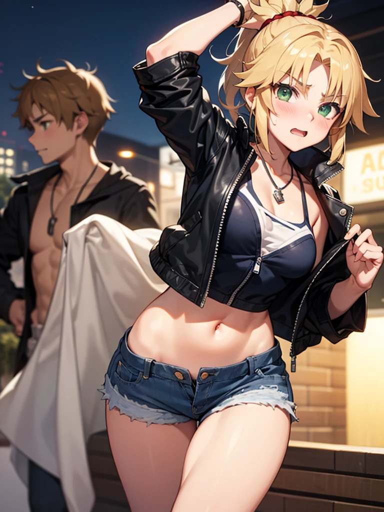 NSFW,modred、(Green Eyes:1.5)、Blonde Hair、ponytail、short hair、Scrunchie、赤いScrunchie、ヘアScrunchie、denim、denimShorts、Jacket、jewelry、abdomen、belly button、necklace、赤いJacket、Shorts、Shorts、Tube top、White top、,(Perfect hands),(Perfect Anatomy),(masterpiece),(highest quality),Downtown at night,Embarrassed,blush
,กลีบ อูฐ, เปียก, sexy lady,