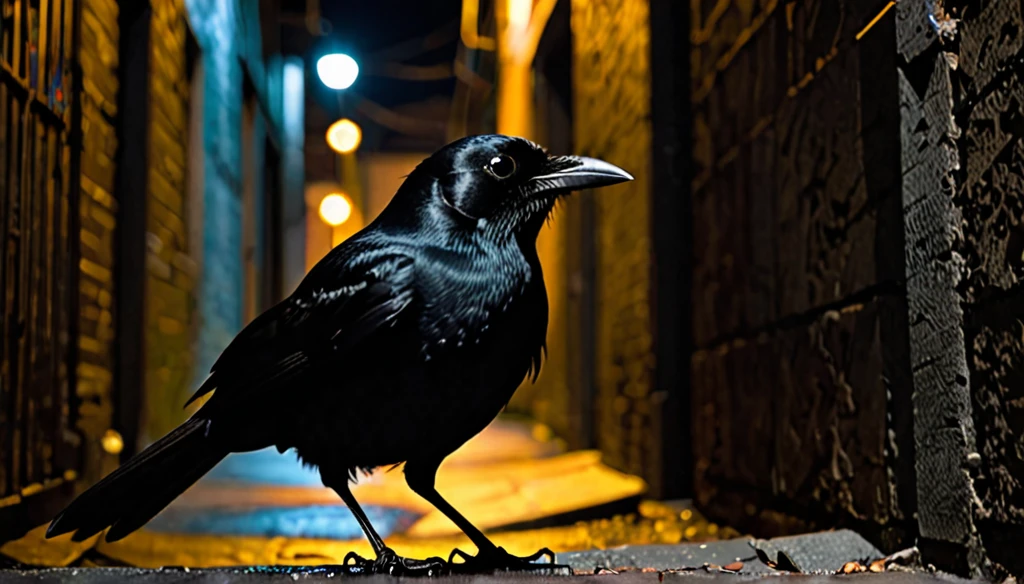 a black bird peeking out, in a dark alley