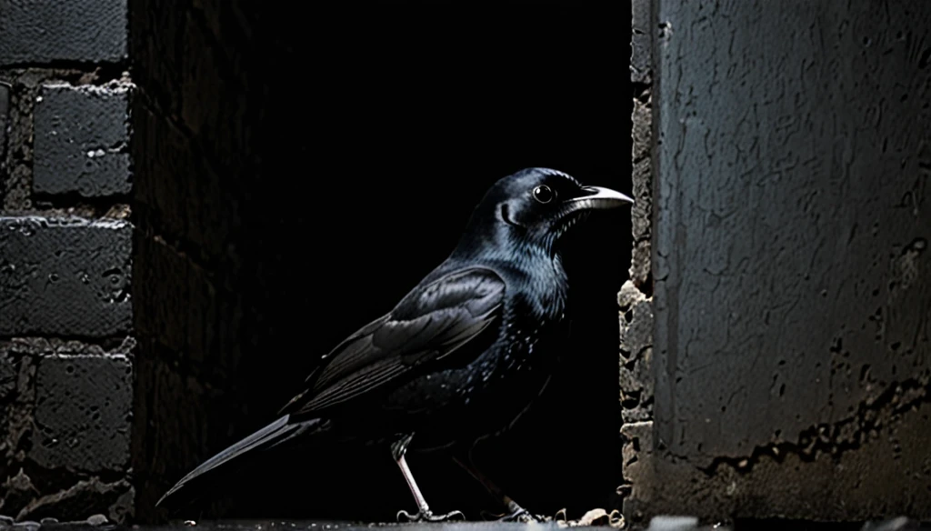 a black bird peeking out, in a dark alley