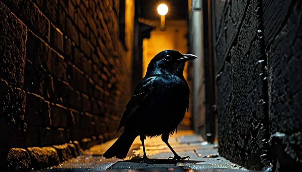 a black bird peeking out, in a dark alley