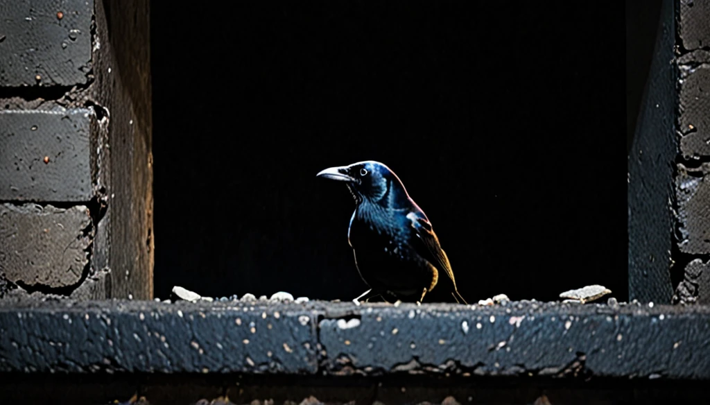 a black bird peeking out, in a dark alley