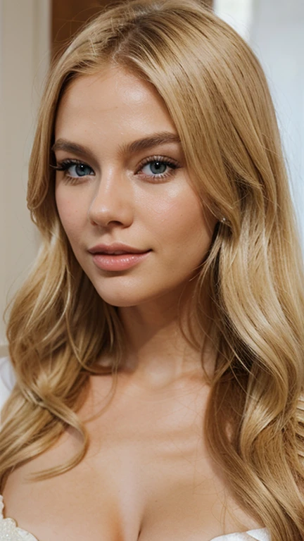 make a blonde woman, with European features, like you're taking a selfie