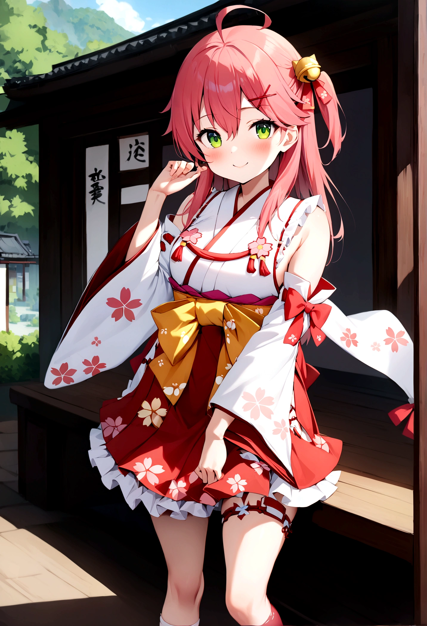 ((masterpiece,Highest quality)),One girl, Day, kimono, View your viewers, Recall, Outdoor, Are standing, Miko 1, sakura miko, Green Eyes, alone, Ahoge, X Hair Ornament, Pink Hair, Single knee socks, Side bust, Hair Clip, Hair Bell, Floral print, Long Hair, Hair between the eyes, One side up, White knee socks, Asymmetrical legwear, Wide sleeves, smile, sunny, Teehee