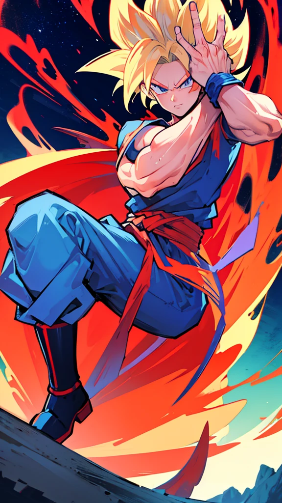 Son Goku from Dragon Ball Super in an epic pose while on top of a mountain while transformed into Super Super Saiyan, detailed, pronounced outline, better detail, red and blue color palette set, HD