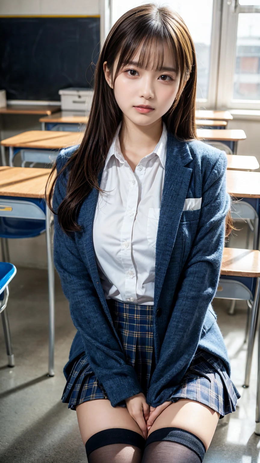 (8K, RAW Photos, Highest quality, masterpiece:1.2), (professional photography, full colors, studio-caliber color grading), (Gravure quality for high-end fashion magazines), BREAK,18 year old girl, (boyish:1.15), (mannish:1.1), Big Natural Color Lip, Plumpy body, (smooth skin:1.1), (huge breasts:1.0), BREAK High school girl uniform, blazer, Super Short Check Uniform Skirt, Navy blue high socks, BREAK High School Classroom