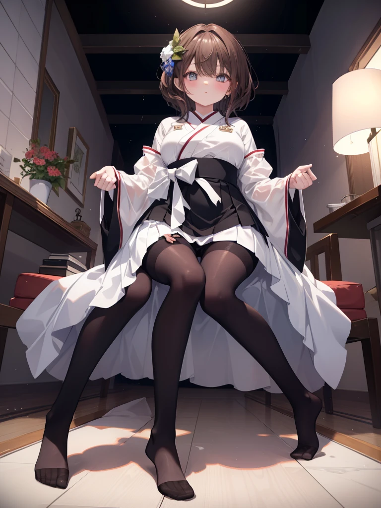 One Girl、Positive、Configuration from below、Full body portrait、Brown haired、Medium Haircut、blush、Absolute area、Knee socks、Knee-length、stockings、pantyhose、レースpantyhose、White underwear、No shoes、White pleated skirt、、Japanese high 、Summer clothes、Inside the house、Daytime、（Very big boobs）、((Full Body Lesbian))、masterpiece、（highest quality）、
Panties around the ankles, camel toe, wet,
