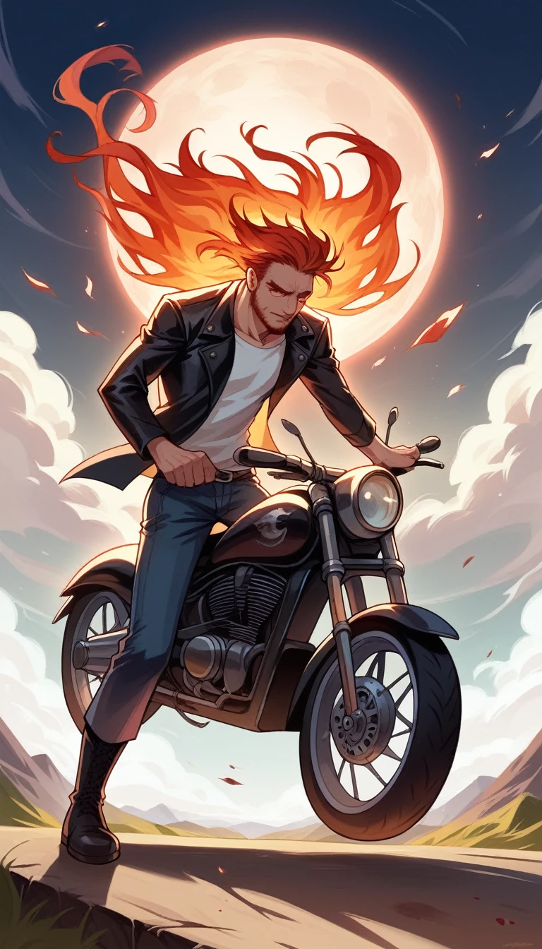 Father and son riding a motorcycle together on the runway.  They were wearing black leather jackets and boots, and their long hair was blowing in the wind.  The background landscape is as bold as flames and terrifyingly dark. An eagle's head with flaming eyes on the sky of the background landscape;  the red blood moon was shining brighter, Dull mountains.  8 K HD quality, realistic and detailed.