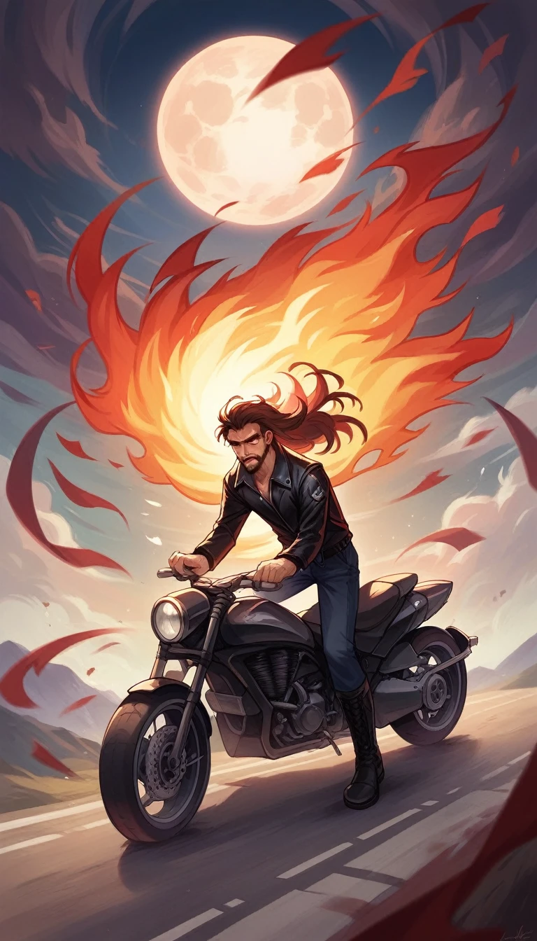 Father and son riding a motorcycle together on the runway.  They were wearing black leather jackets and boots, and their long hair was blowing in the wind.  The background landscape is as bold as flames and terrifyingly dark. An eagle's head with flaming eyes on the sky of the background landscape;  the red blood moon was shining brighter, Dull mountains.  8 K HD quality, realistic and detailed.