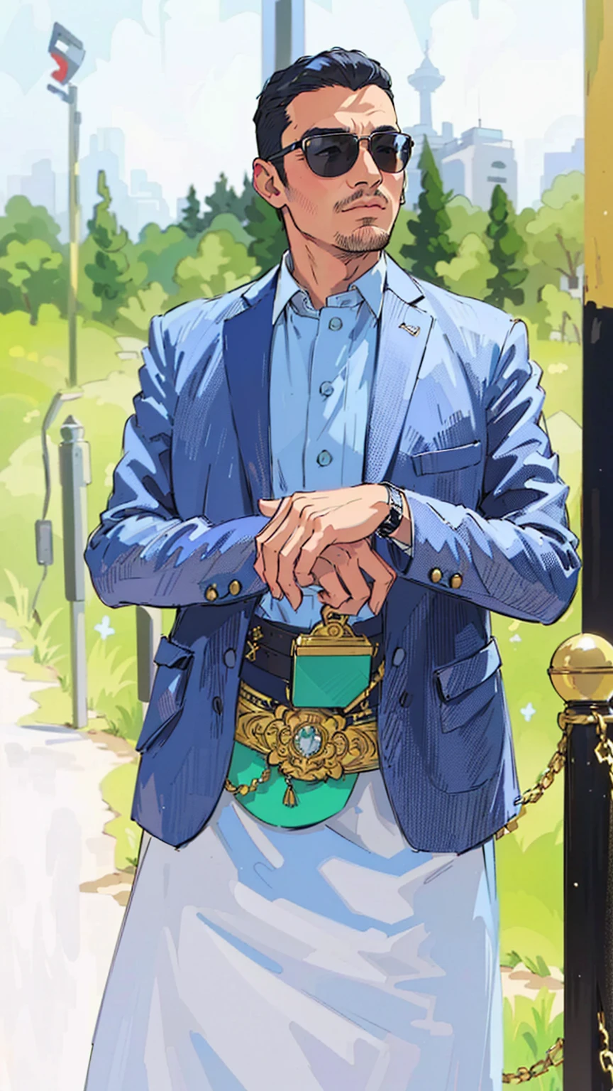 Arafa is wearing a blue jacket and white skirt with a green purse, Full body!! Maximum detail, Inspired by Othman Hamdi Bey, Dressed complex, Rich in details, Modern extreme suit, He wears an elegant tribal outfit, He wears an ornate suit, Selfie in the middle of the shot, Over-the-waist bag, Handsome man, wearing a colorful men's suit, He wears the dress