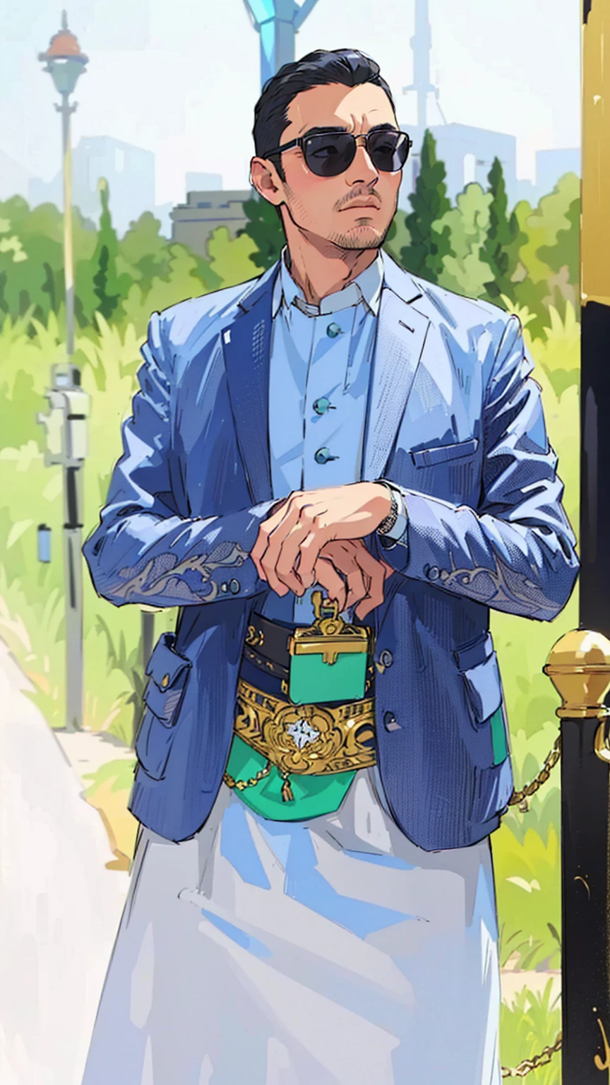 Arafa is wearing a blue jacket and white skirt with a green purse, Full body!! Maximum detail, Inspired by Othman Hamdi Bey, Dressed complex, Rich in details, Modern extreme suit, He wears an elegant tribal outfit, He wears an ornate suit, Selfie in the middle of the shot, Over-the-waist bag, Handsome man, wearing a colorful men's suit, He wears the dress