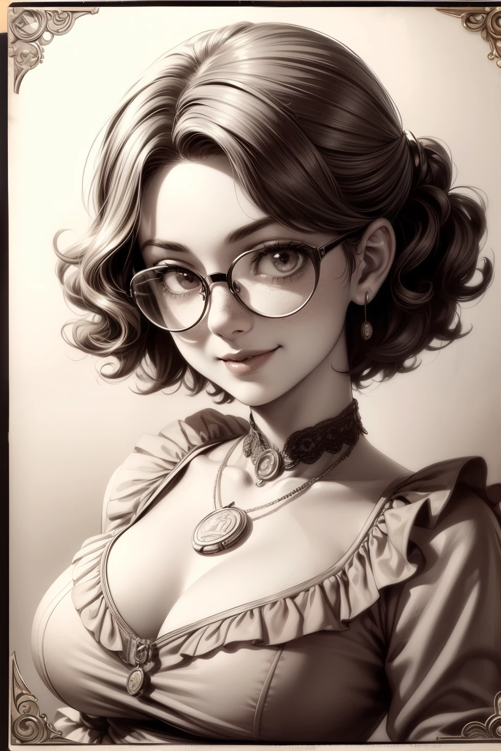 (masterpiece), best quality, expressive eyes, perfect face, Artwork, best quality, ultra-detailed, 1girl, short hair, 1930s vintage poster, monochrome dress, vintage color palette, curly hair, hand drawing art, dress with ruffles, smiling smile, freckles on face, cute smile, ((old photo effect)), large breasts, ((sepia effect)), breasts larger than head, ((portrait in a medallion)), ((locket)), ((pic in locket)), pov hands, ((portrait in round medallion)), photo of a woman in a locket, drawning concept design, signature at the bottom of the photo, Initials T.J in signature, face profile photography, round glasses, flashy neckline, face profile photography, lipstick in pic