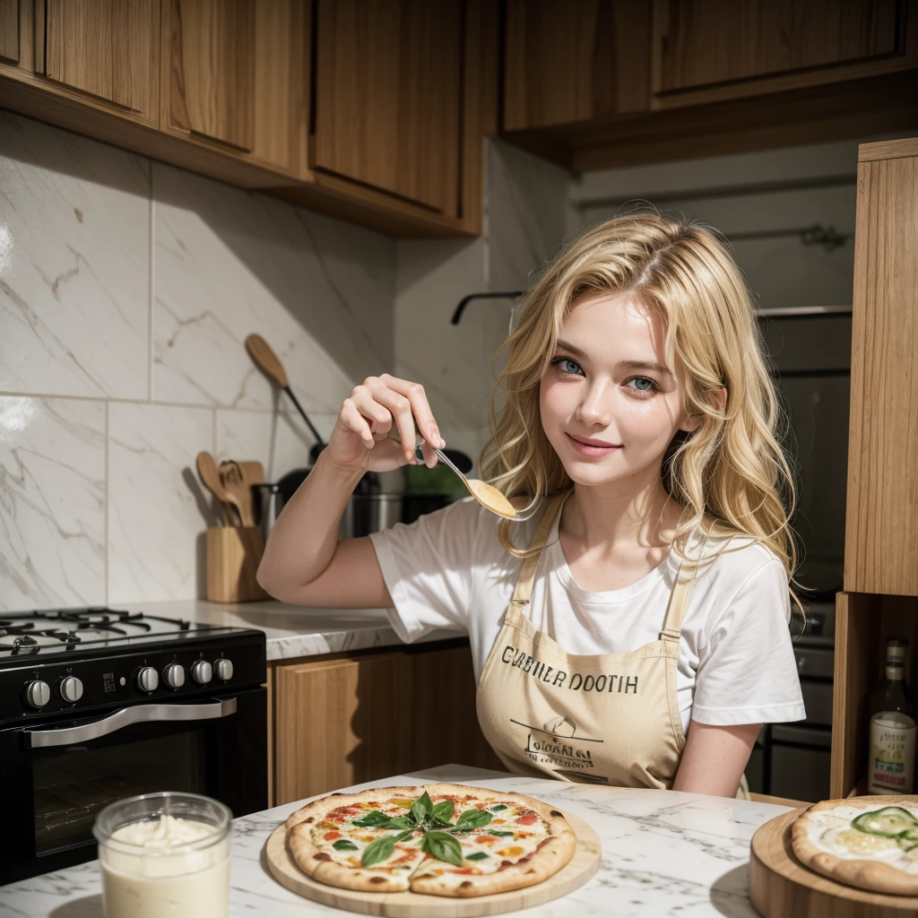 (german woman, age 25, green eyes detailed wavy hair with moth, blonde , heartthrob style, Grinning, wearing a t-shirt, cooking apron), helping by making pizzas with cheese edges, on a granite table, with wheat flour, olive oil, biological ferment , mineral water, preparing the dough and baking it in a portable oven on a marble countertop in a small kitchen in an apartment in Tokyo, Japan