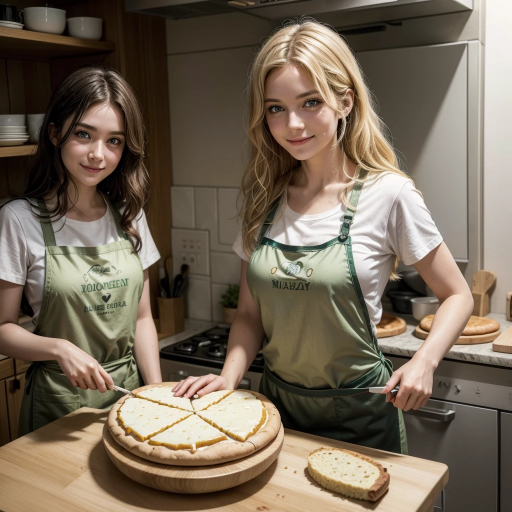 (german woman, age 25, green eyes detailed wavy hair with moth, blonde , heartthrob style, Grinning, wearing a t-shirt, cooking apron), helping by making pizzas with cheese edges, on a granite table, with wheat flour, olive oil, biological ferment , mineral water, preparing the dough and baking it in a portable oven on a marble countertop in a small kitchen in an apartment in Tokyo, Japan