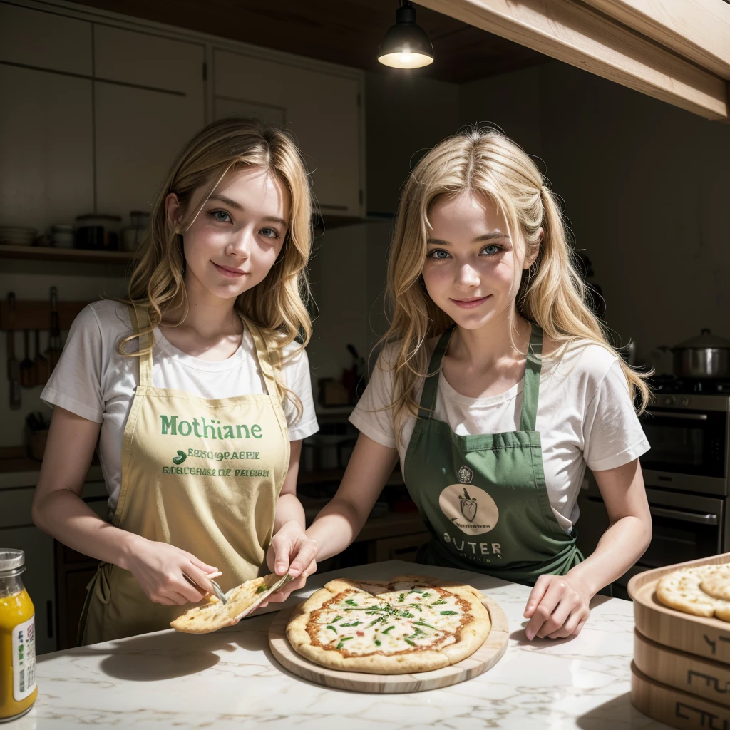 (german woman, age 25, green eyes detailed wavy hair with moth, blonde , heartthrob style, Grinning, wearing a t-shirt, cooking apron), helping by making pizzas with cheese edges, on a granite table, with wheat flour, olive oil, biological ferment , mineral water, preparing the dough and baking it in a portable oven on a marble countertop in a small kitchen in an apartment in Tokyo, Japan
