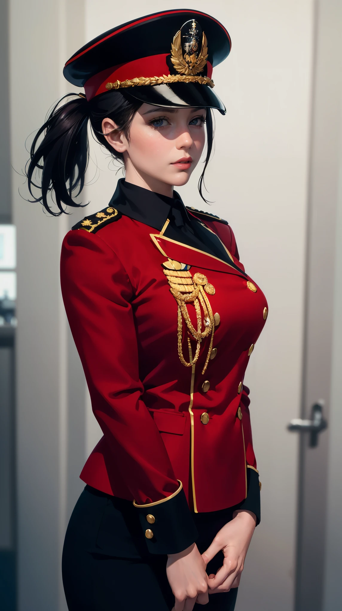 Create a highly detailed and realistic character design concept illustration of a female Caledonian military officer in service dress uniform. The uniform should be dark navy with red accents, reflecting a sophisticated and authoritative appearance. The officer should be depicted with a formal, structured uniform that includes a peaked cap, decorated with military insignia and medals, and a short pencil skirt instead of trousers. The design should emphasize a sense of discipline and prestige, with clean lines and attention to detail. The background should be white and clear to focus on the character design.