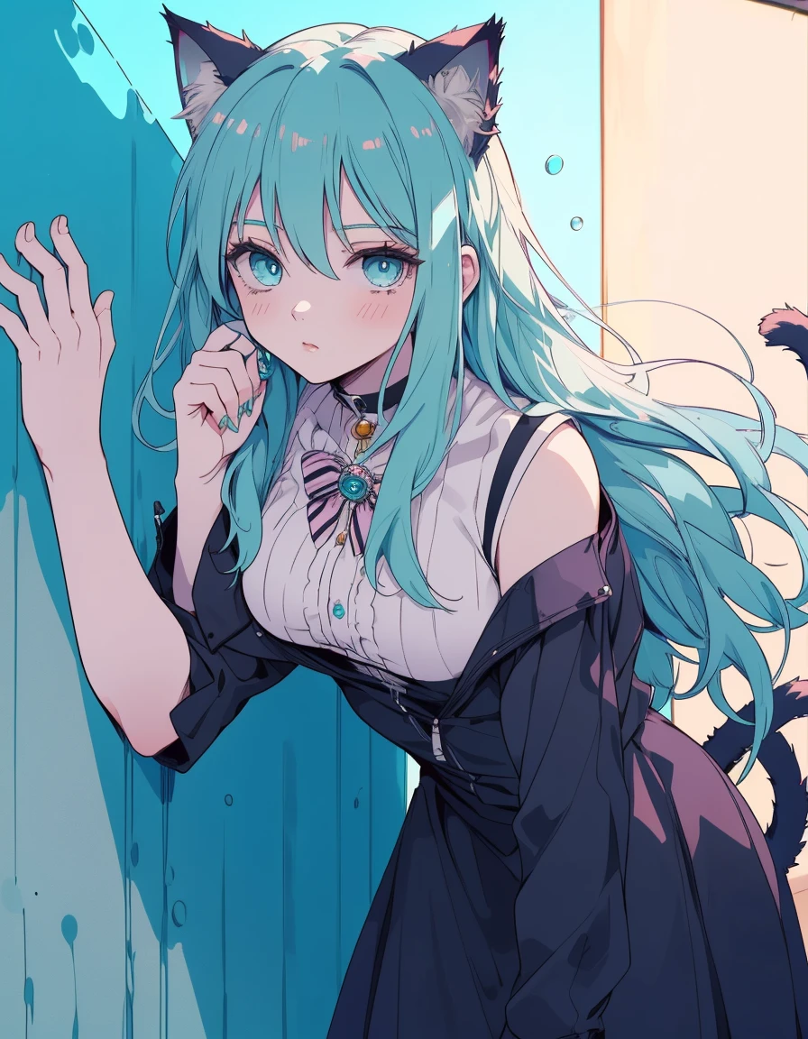 Looking around cautiously, leaning on wall, alternative fashion, ((masterpiece, best quality:1.5)), ((Beautiful detailed cat aqua eyes:1.2)), cat ears, pale skin, medium breasts, beautiful hands, beautiful fingers, EasyNegative