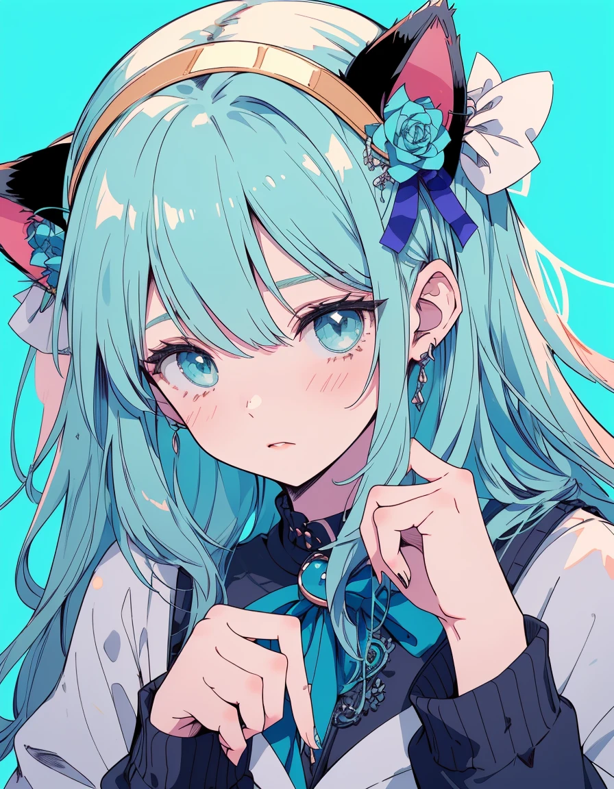 Looking around cautiously, leaning on wall, alternative fashion, ((masterpiece, best quality:1.5)), ((Beautiful detailed cat aqua eyes:1.2)), cat ears, pale skin, medium breasts, beautiful hands, beautiful fingers, EasyNegative