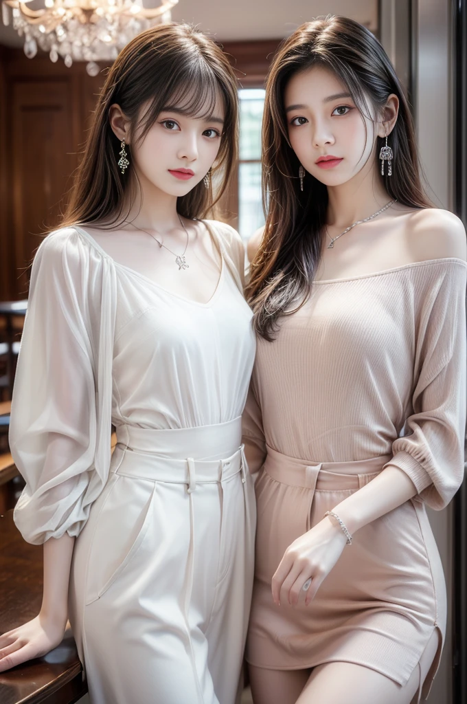practicalphotography,22 years old,portrait,full Body,Korean,(Mature:1.3),2 girl,beautiful girl,arrogant,Sitting in a large classroom chair,(necklace、earrings、bracelet:1.1),(Environmental details:1.3),(Original image、CG Unity、photography、Ultra-practical details、Clear focus、Delicate skin、4K、high resolution、masterpiece、Best quality、practical、Energetic:1.2),(8K、4K、Ultra-high quality、high resolution、major、ish、dramatic),Detailed home background